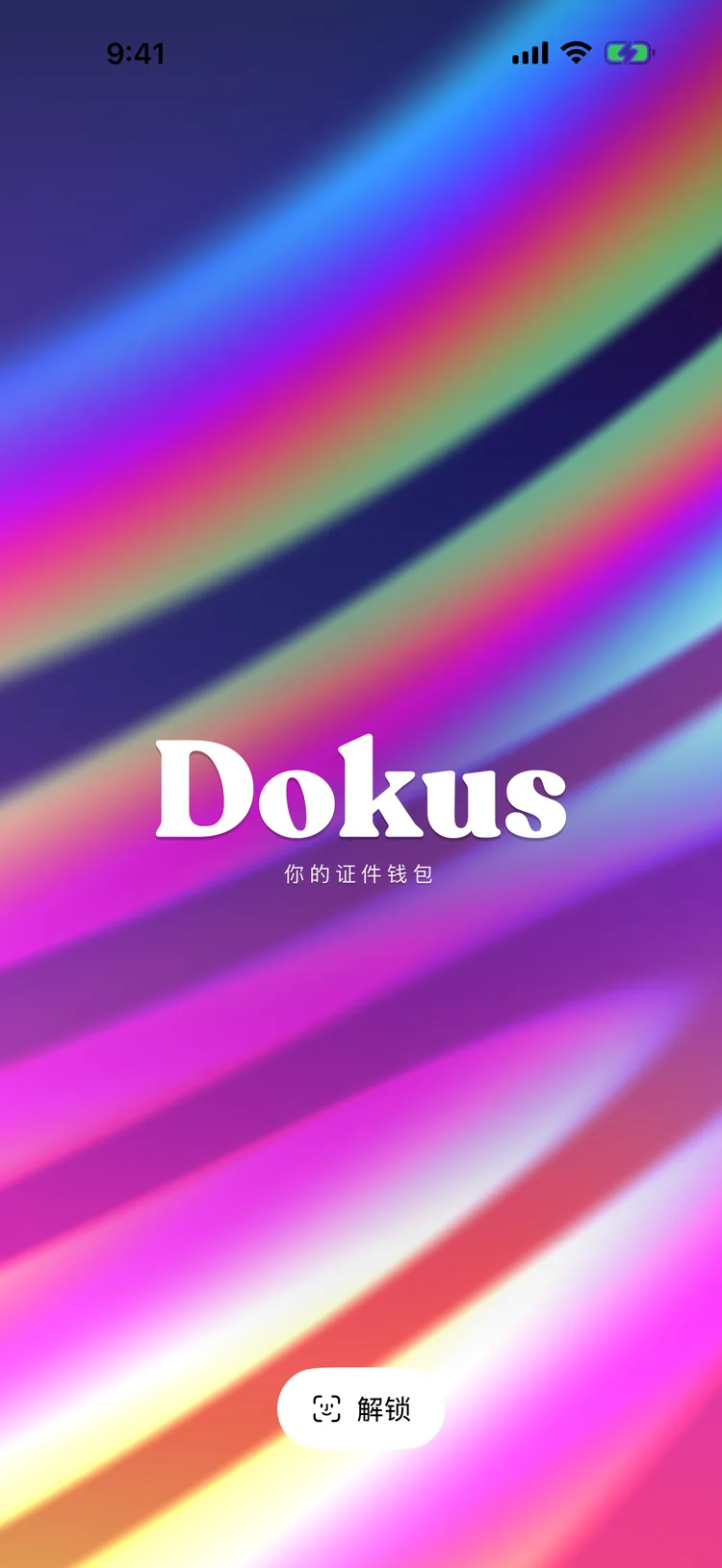 Dokus 的启动画面：Dokus 标志浮现在流动的虹彩渐变之上。